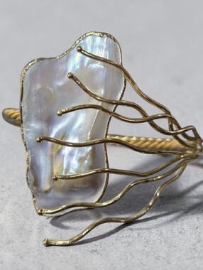 18k Gold Plated Artisan Genuine Freshwater Pearl Twisted Cable Bangle Bracelet